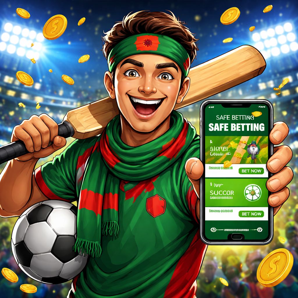 Cartoon sports fan using a mobile betting app with cricket and football elements