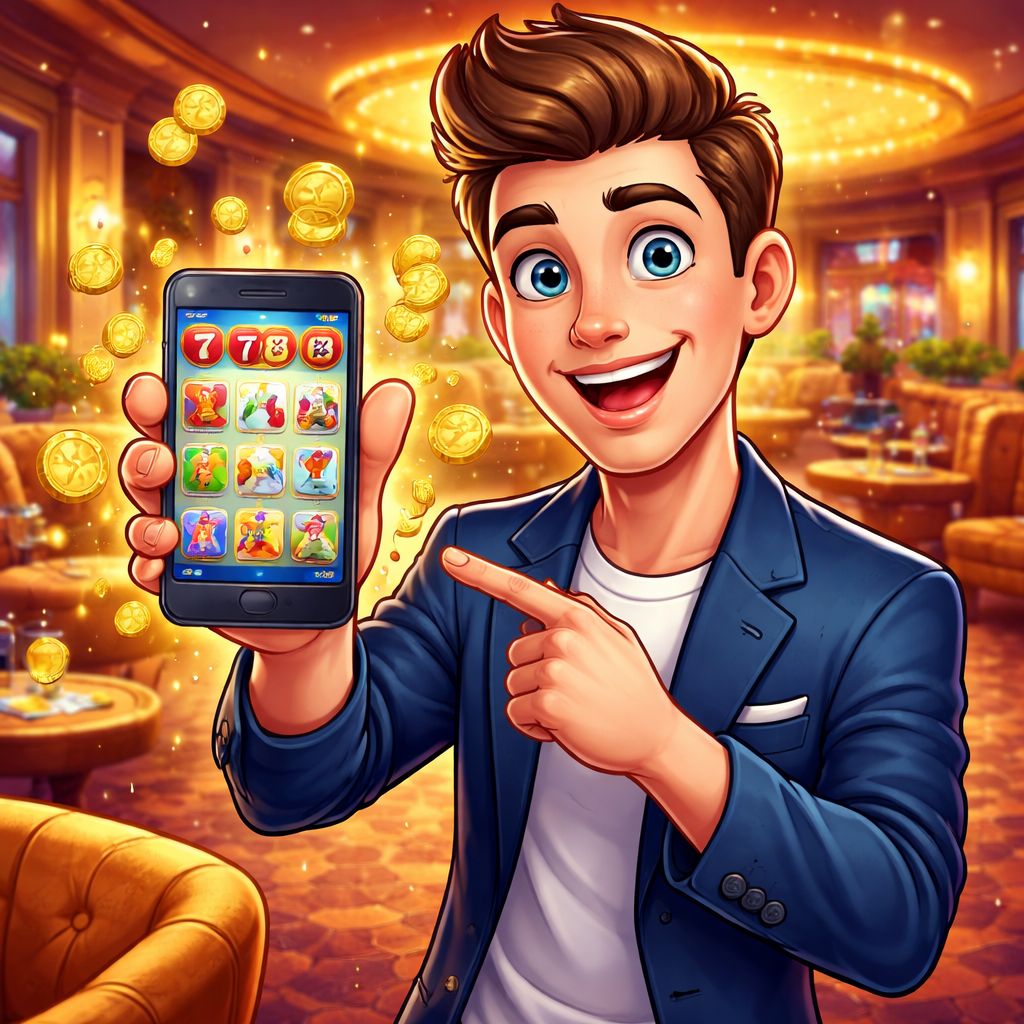 Cartoon casino player using a mobile app with coins and game icons