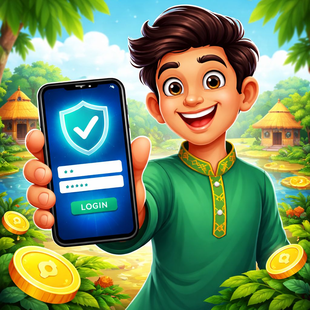Cartoon player securely logging in to the 777TK mobile app in Bangladesh