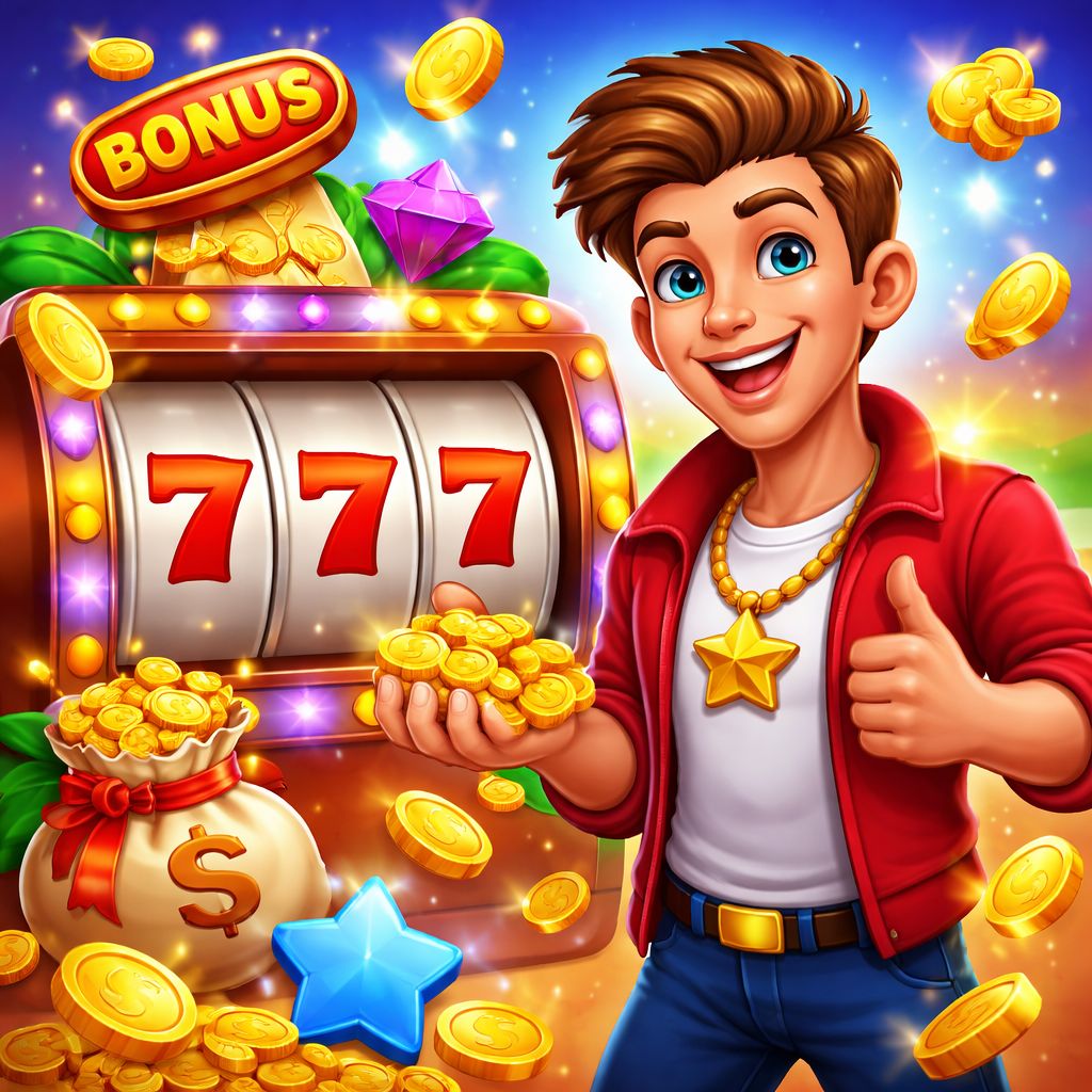 777TK Slots cartoon mascot with spinning reels, coins, and colorful rewards